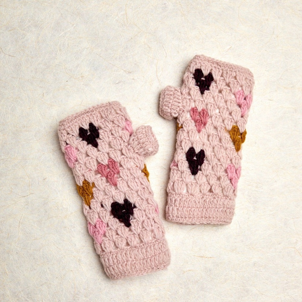 Pink & Hearts Crocheted Handwarmers